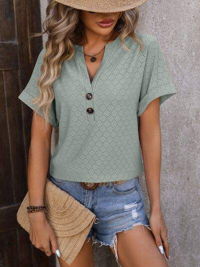 Eyelet Notched Short Sleeve T-Shirt Sage Women's T-Shirts - Tophatter Daily Deals