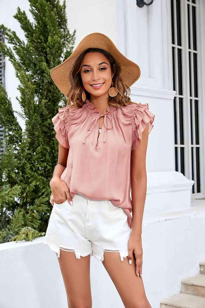 Tie Neck Ruffle Trim Blouse Blouses - Tophatter Daily Deals