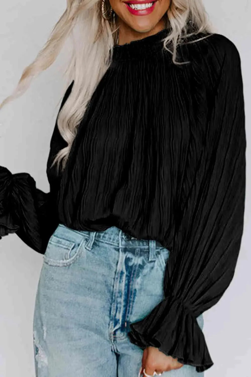 Round Neck Flounce Sleeve Blouse Blouses - Tophatter Daily Deals