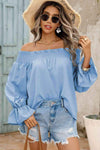 Off-Shoulder Flare Sleeve Smocked Neck Blouse Pastel Blue Blouses - Tophatter Daily Deals