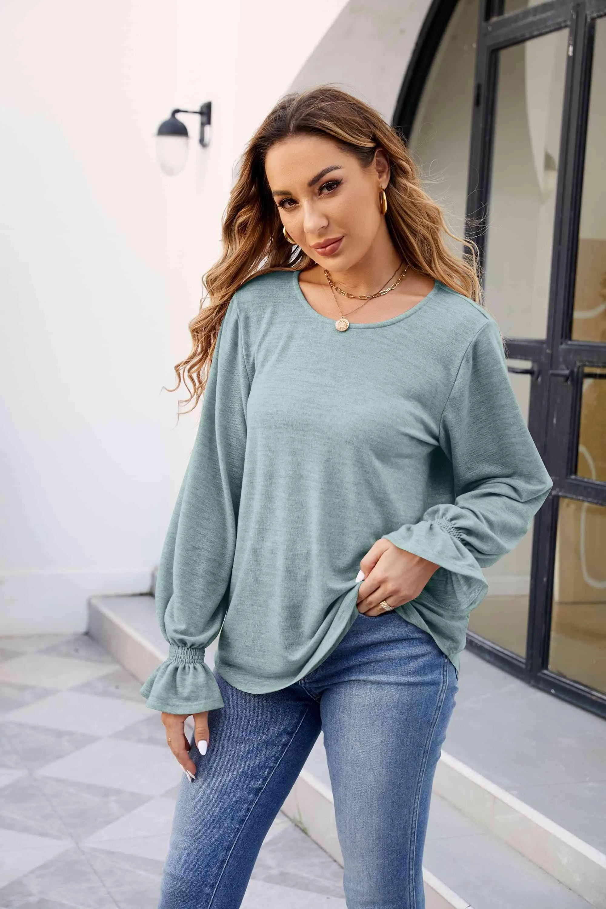 Round Neck Flounce Sleeve Blouse Blouses - Tophatter Daily Deals