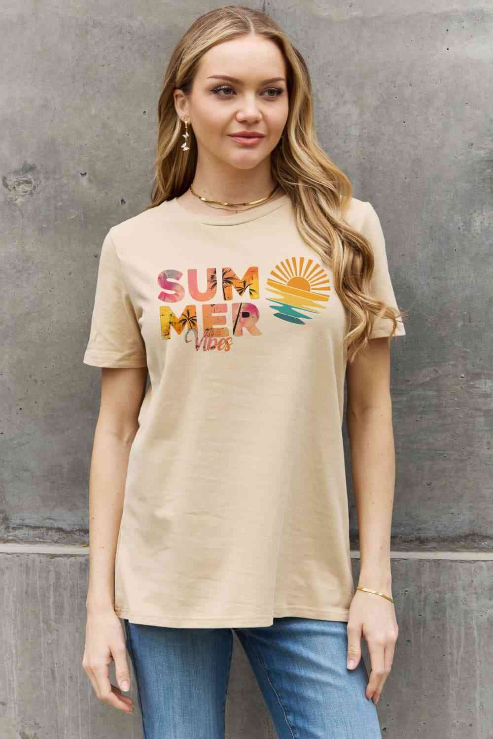 Simply Love Full Size SUMMER VIBES Graphic Cotton Tee Taupe Women's T-Shirts - Tophatter Daily Deals