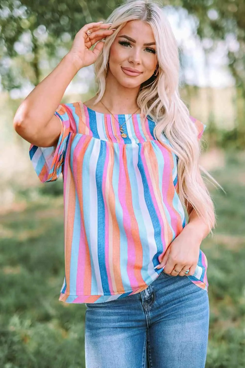 Multicolored Stripe Flutter Sleeve Blouse Blouses - Tophatter Daily Deals