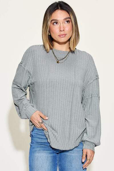 Basic Bae Full Size Ribbed Round Neck Long Sleeve T-Shirt Heather Gray Women's T-Shirts - Tophatter Daily Deals