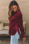 Notched Neck Buttoned Long Sleeve Velvet Blouse Blouses - Tophatter Daily Deals