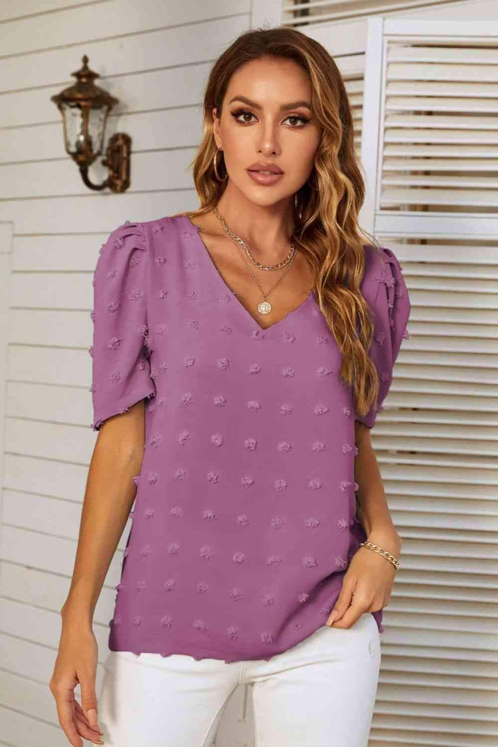 Swiss Dot V-Neck Puff Sleeve Blouse Purple Blouses - Tophatter Daily Deals