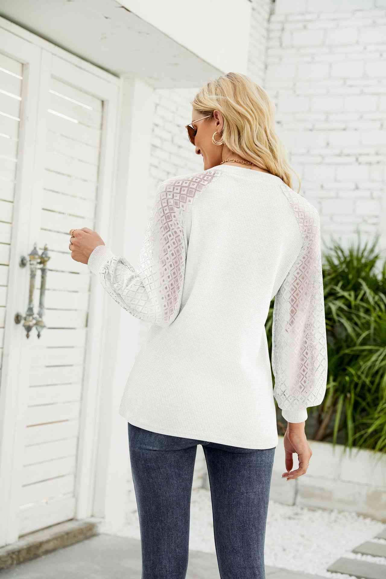 Waffle-Knit Spliced Lace Notched Top Blouses - Tophatter Daily Deals