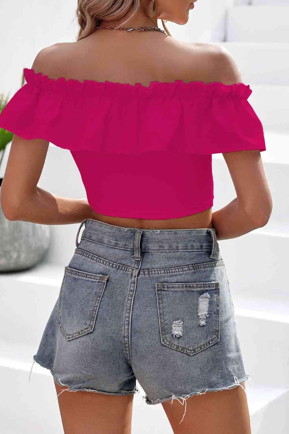 Off-Shoulder Ruffled Cropped Top Blouses - Tophatter Daily Deals