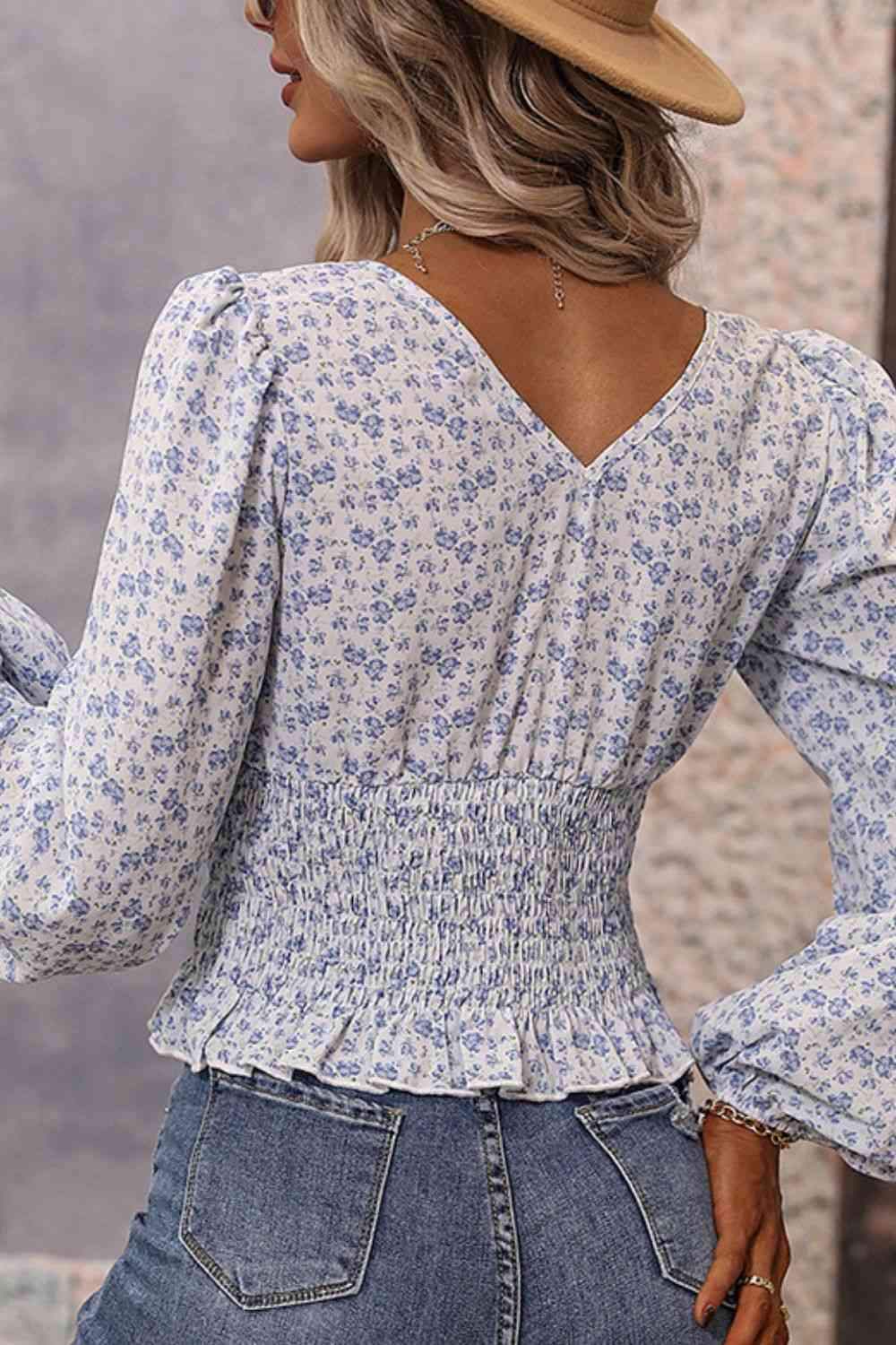 Floral V-Neck Smocked Balloon Sleeve Blouse Blouses - Tophatter Daily Deals