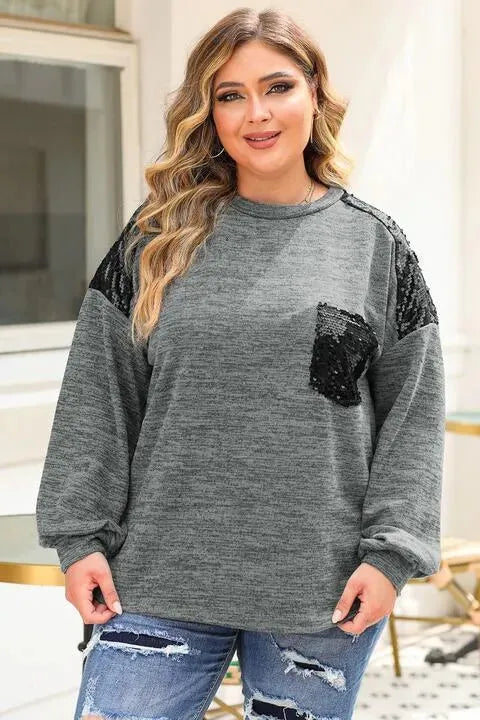 Plus Size Sequin Drop Shoulder Top Charcoal Women's T-Shirts - Tophatter Daily Deals