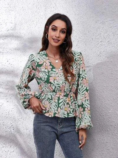 Floral V-Neck Balloon Sleeve Peplum Blouse Blouses - Tophatter Daily Deals