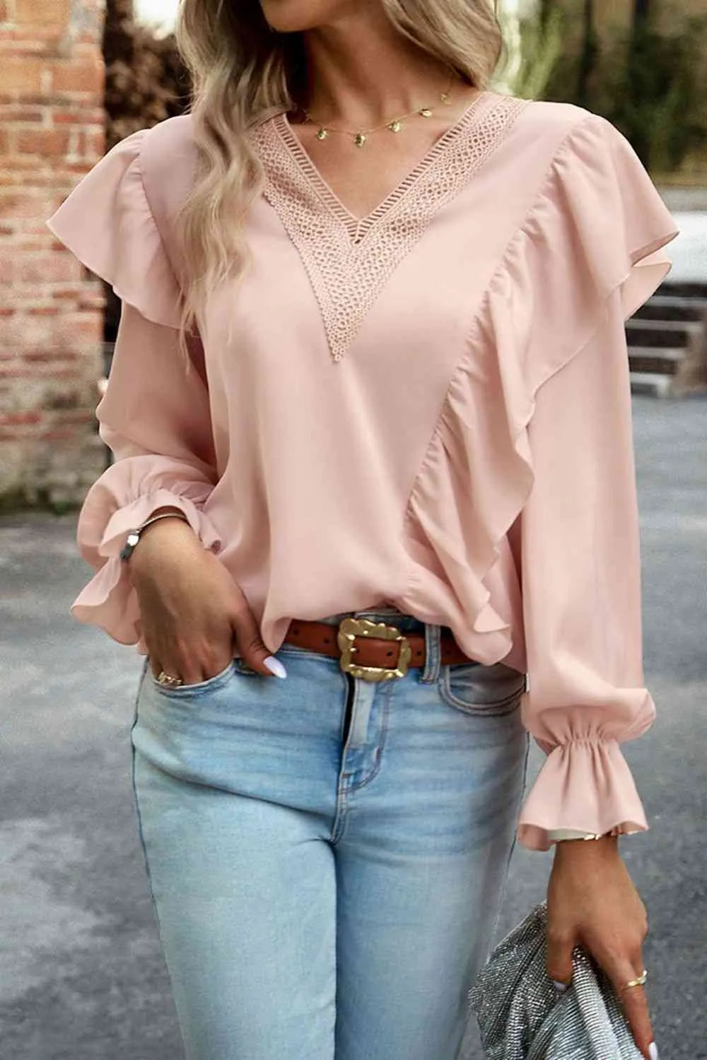 V-Neck Flounce Sleeve Ruffle Trim Blouse Peach Blouses - Tophatter Daily Deals