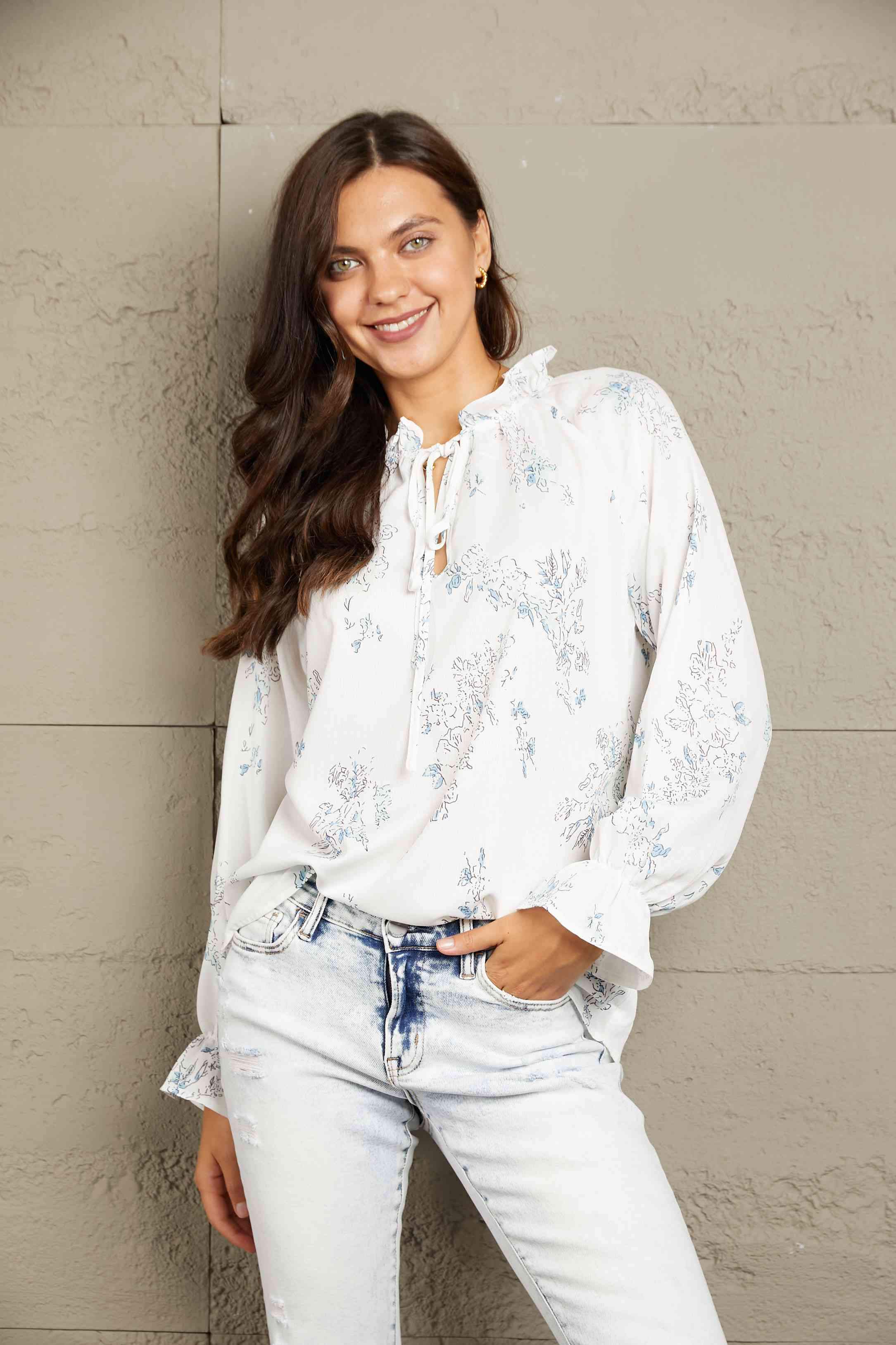 Double Take Floral Tie Neck Flounce Sleeve Blouse Blouses - Tophatter Daily Deals