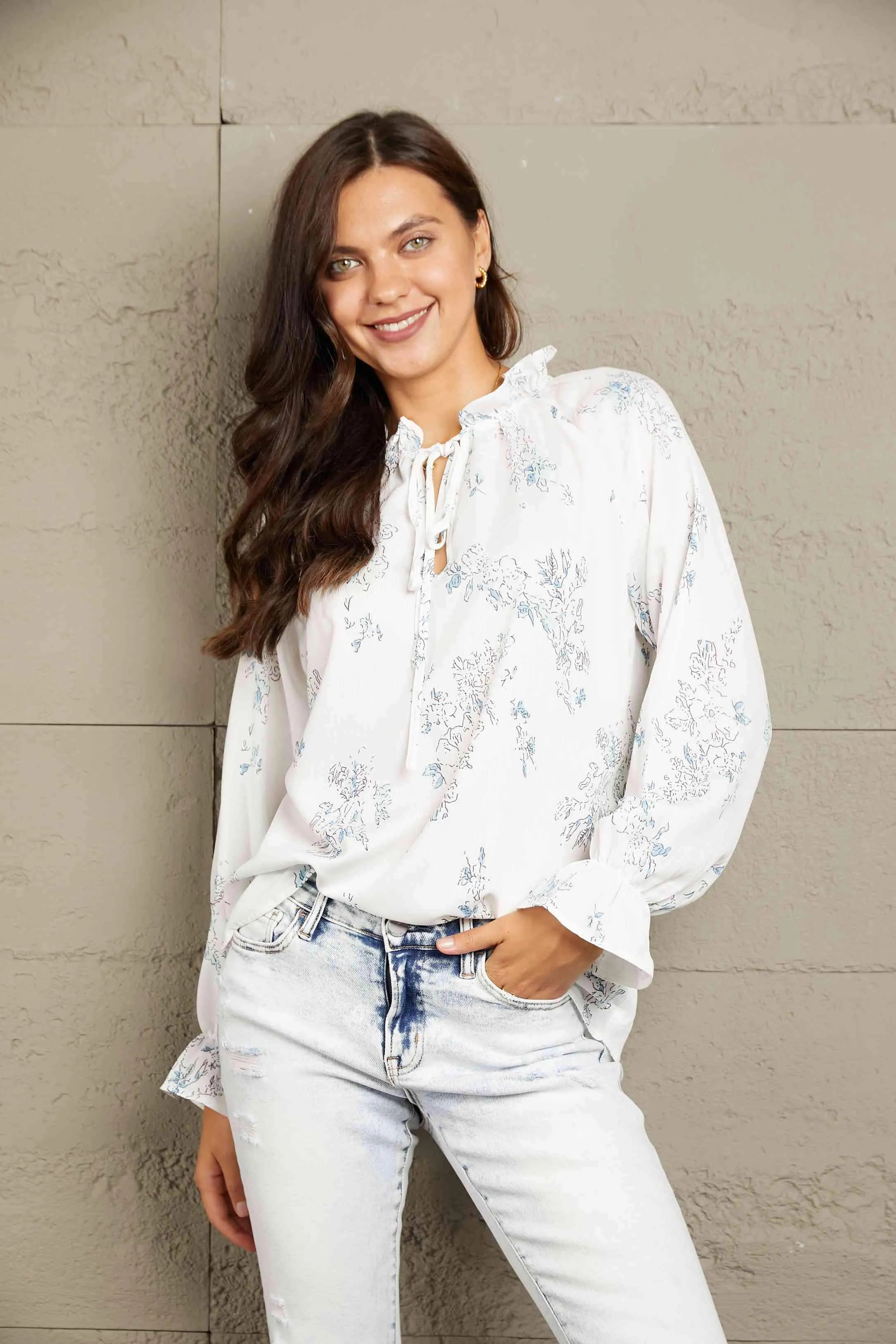 Double Take Floral Tie Neck Flounce Sleeve Blouse Blouses - Tophatter Daily Deals