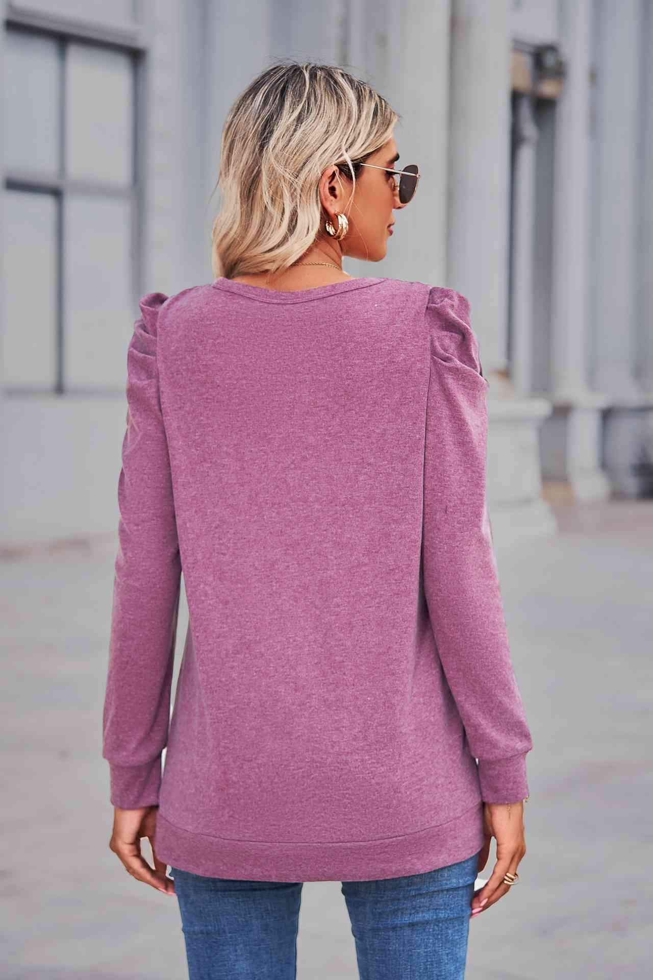 Heathered Puff Sleeve Round Neck Tunic Top Women's T-Shirts - Tophatter Daily Deals