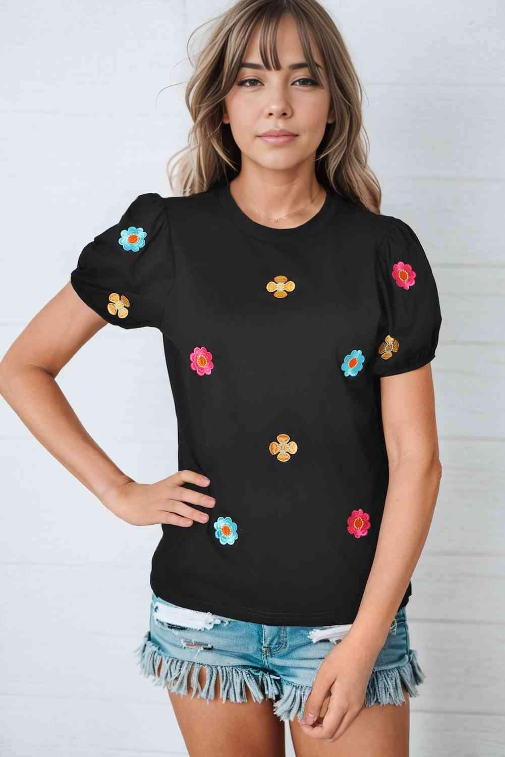 Embroidered Flower Round Neck Puff Sleeve Top Black Blouses - Tophatter Daily Deals