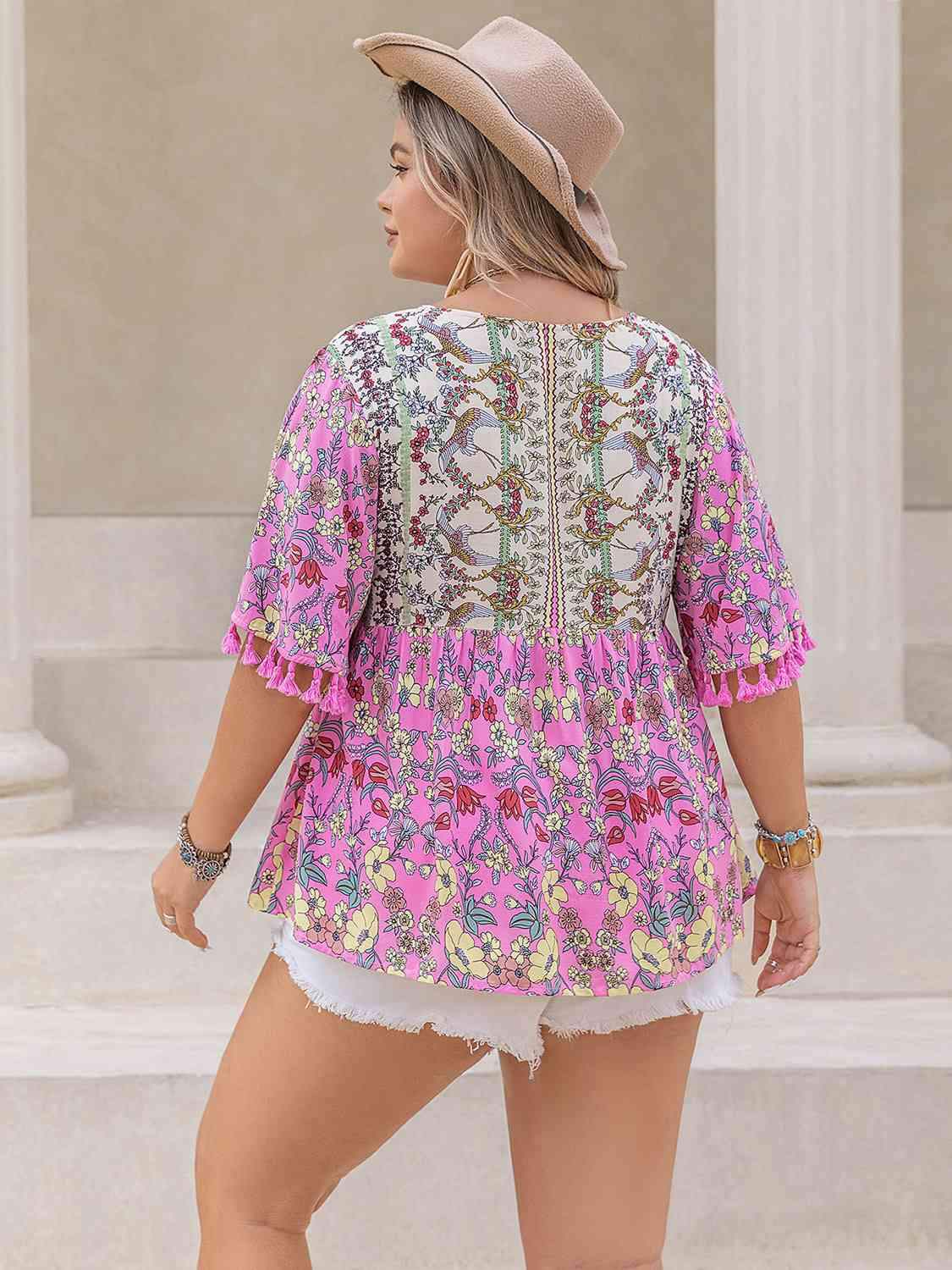 Plus Size Printed V-Neck Half Sleeve Blouse Blouses - Tophatter Daily Deals