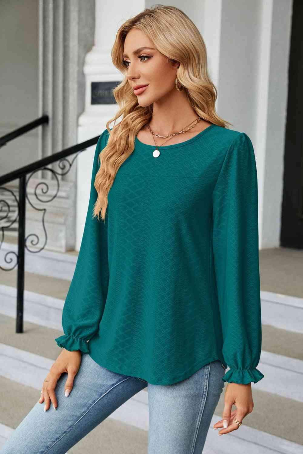 Round Neck Flounce Sleeve Blouse Blouses - Tophatter Daily Deals