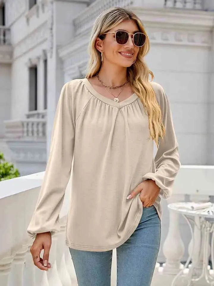 V-Neck Long Sleeve Blouse Beige Blouses - Tophatter Daily Deals