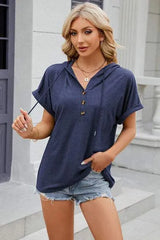 Half Button Drawstring Short Sleeve Hooded T-Shirt Navy Women's T-Shirts - Tophatter Daily Deals