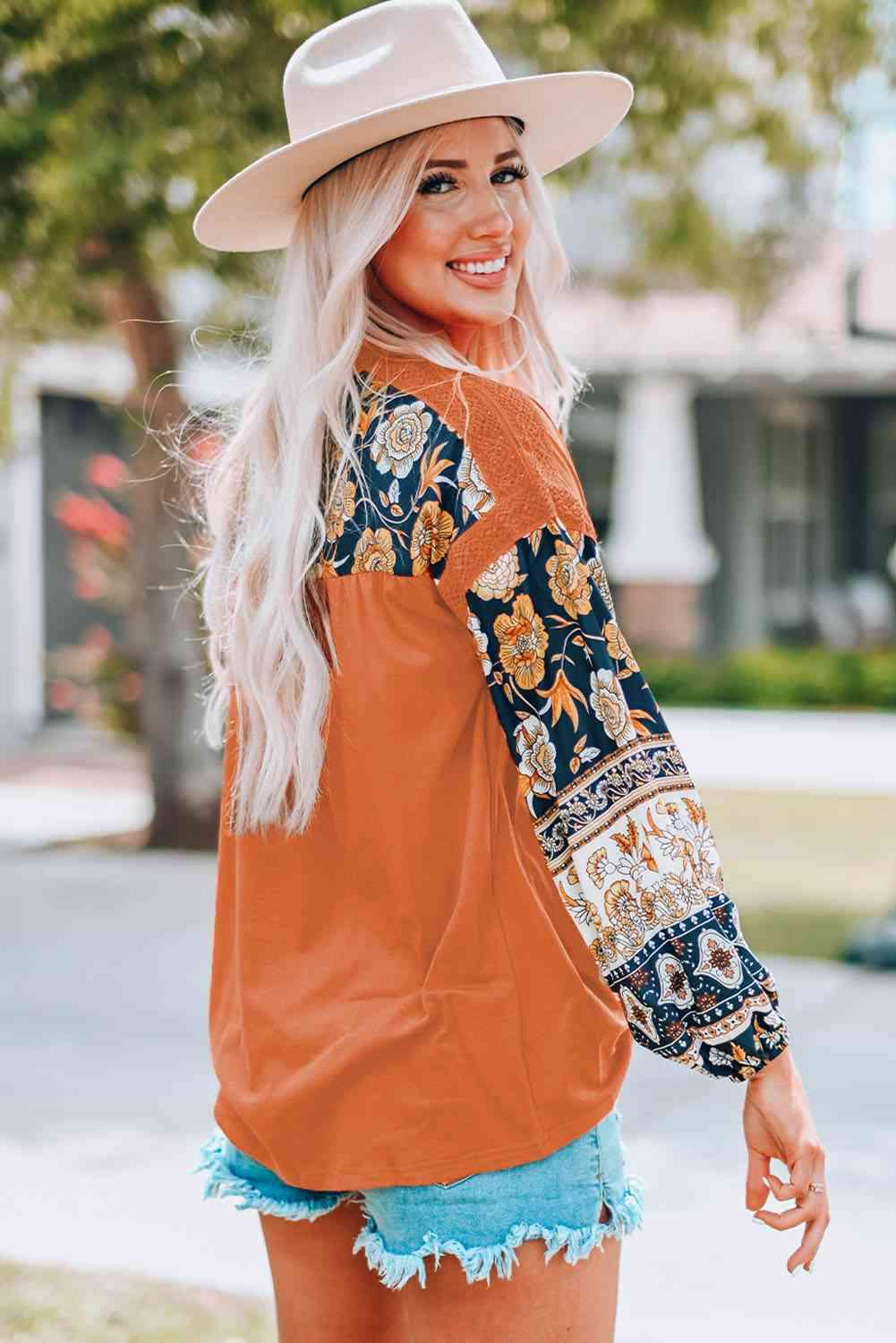 Floral Drop Shoulder Round Neck Top Blouses - Tophatter Daily Deals