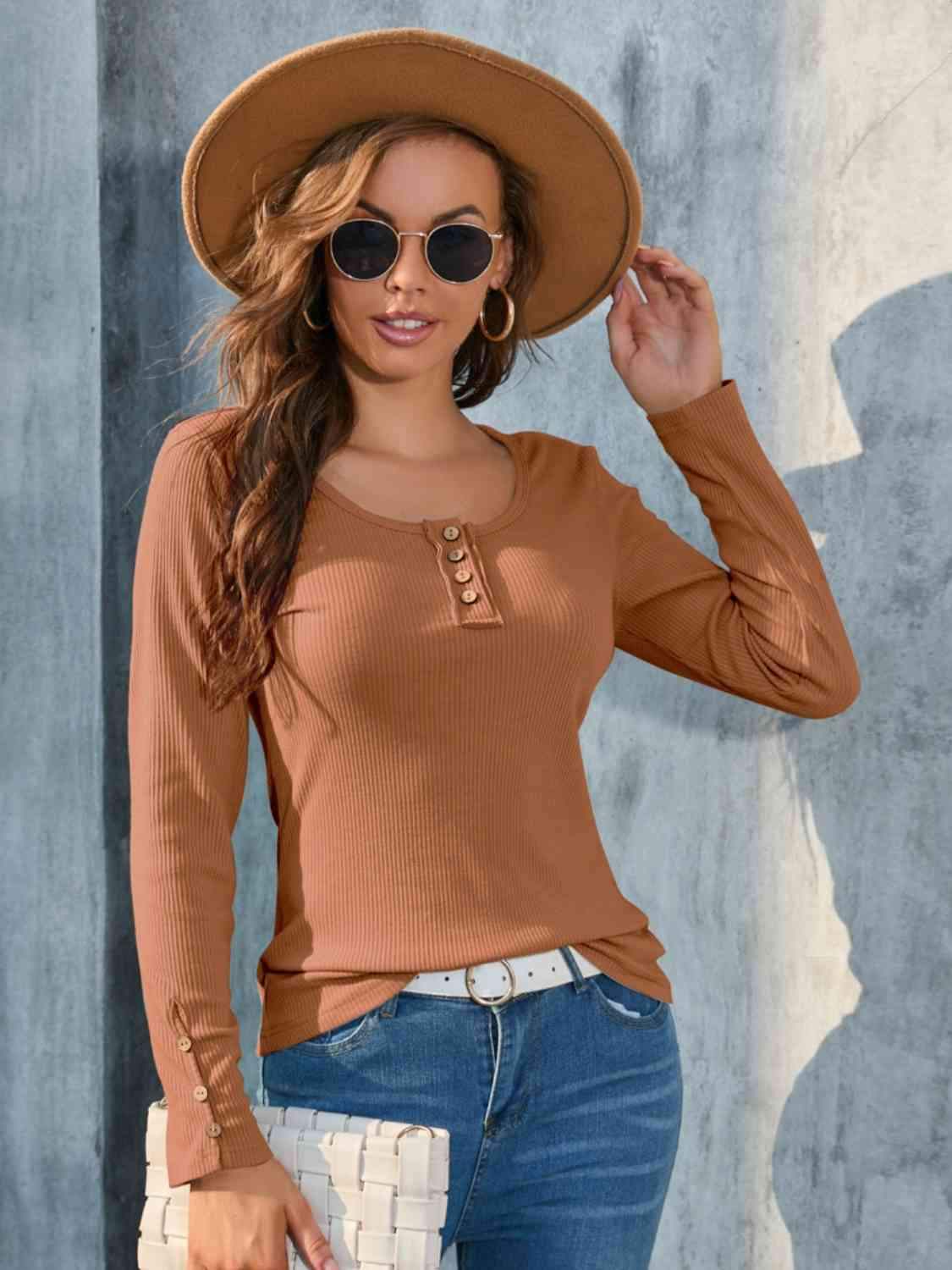 Buttoned Round Neck Long Sleeve T-Shirt Honey Women's T-Shirts - Tophatter Daily Deals