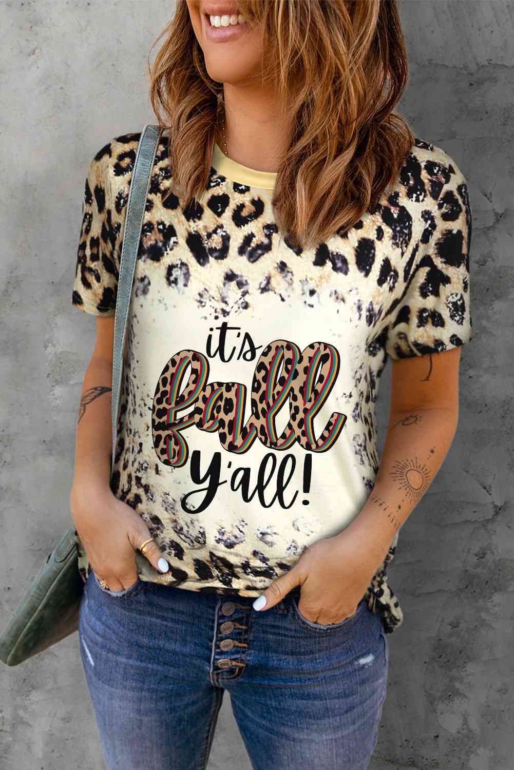 Round Neck Short Sleeve Printed IT'S FALL Y'ALL Graphic Tee Leopard Women's T-Shirts - Tophatter Daily Deals