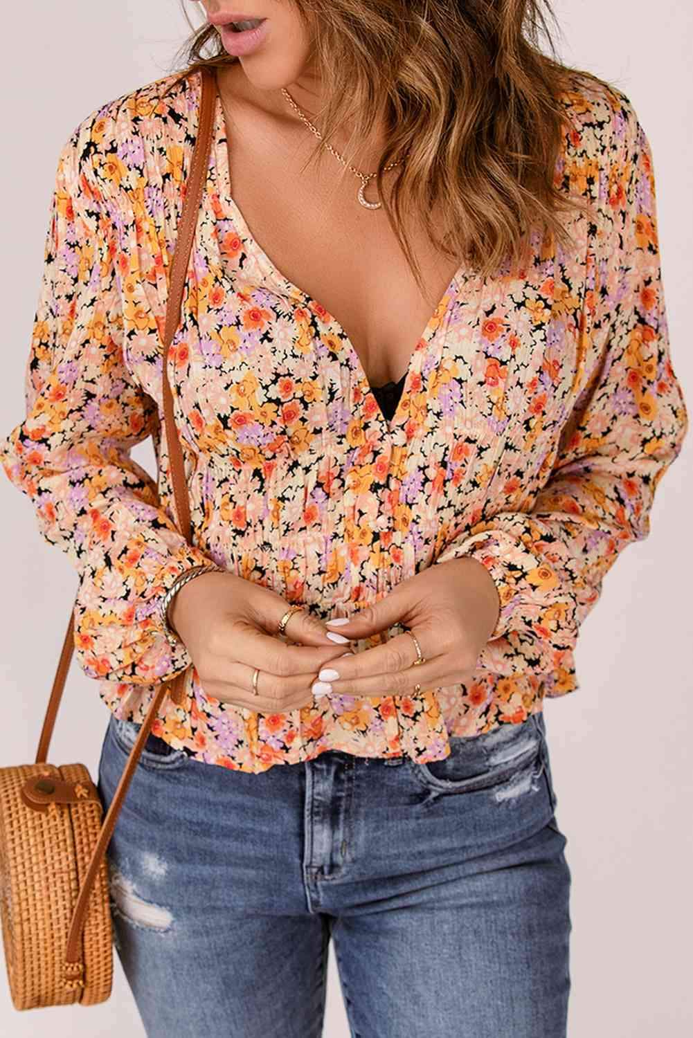 Floral Buttoned Plunge Peplum Blouse Blouses - Tophatter Daily Deals