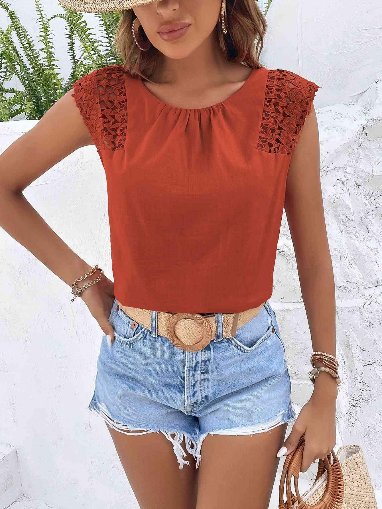 Spliced Lace Cap Sleeve Top Blouses - Tophatter Daily Deals