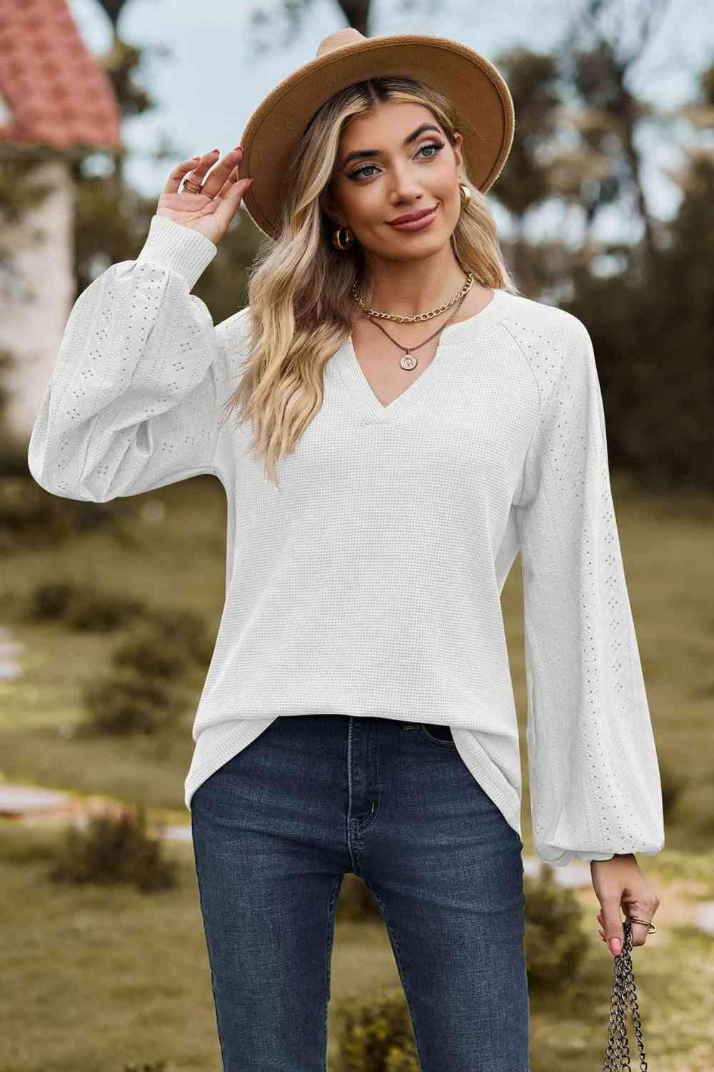 Notched Neck Raglan Sleeve Blouse White Blouses - Tophatter Daily Deals