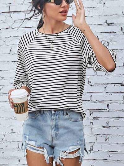 Striped Round Neck Raglan Sleeve T-Shirt Women's T-Shirts - Tophatter Daily Deals