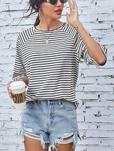 Striped Round Neck Raglan Sleeve T-Shirt Women's T-Shirts - Tophatter Daily Deals