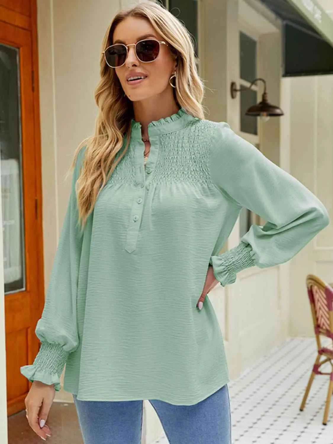 Notched Neck Button-UP Smocked Flounce Sleeve Blouse Blouses - Tophatter Daily Deals