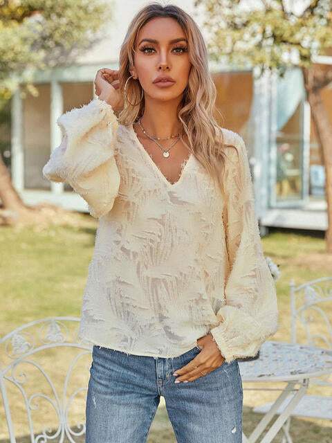 V-Neck Long Sleeve Blouse Cream Blouses - Tophatter Daily Deals