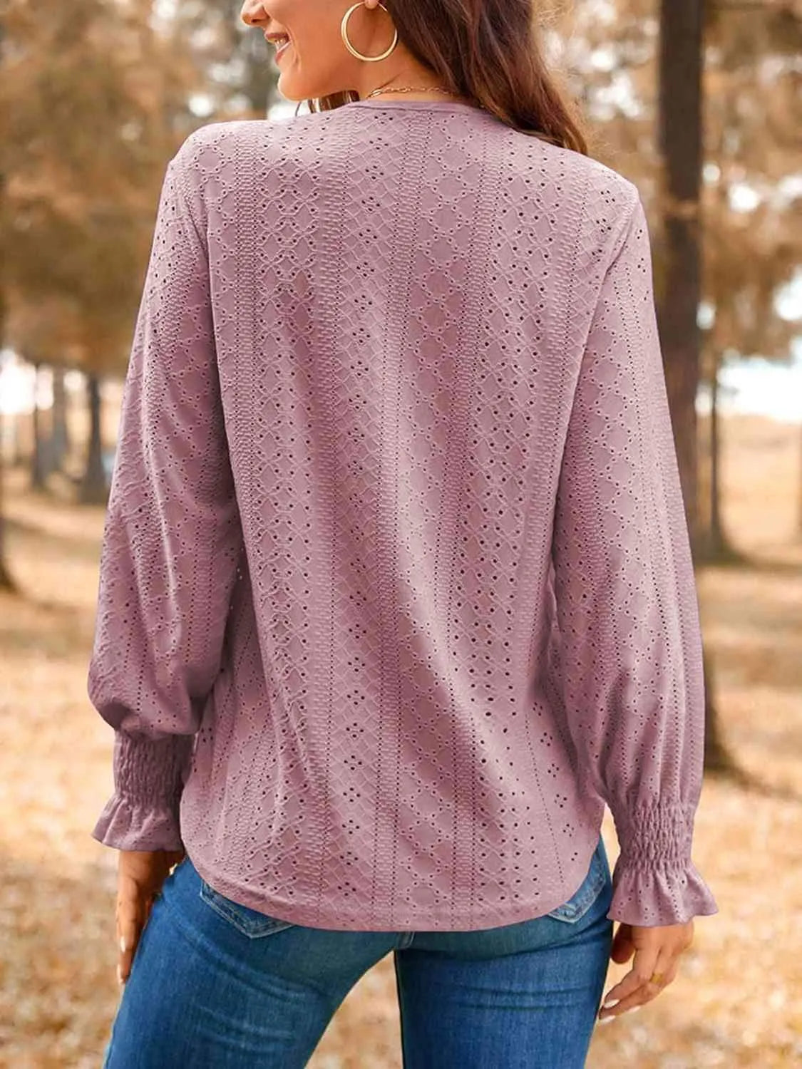 Eyelet V-Neck Flounce Sleeve Top Blouses - Tophatter Daily Deals