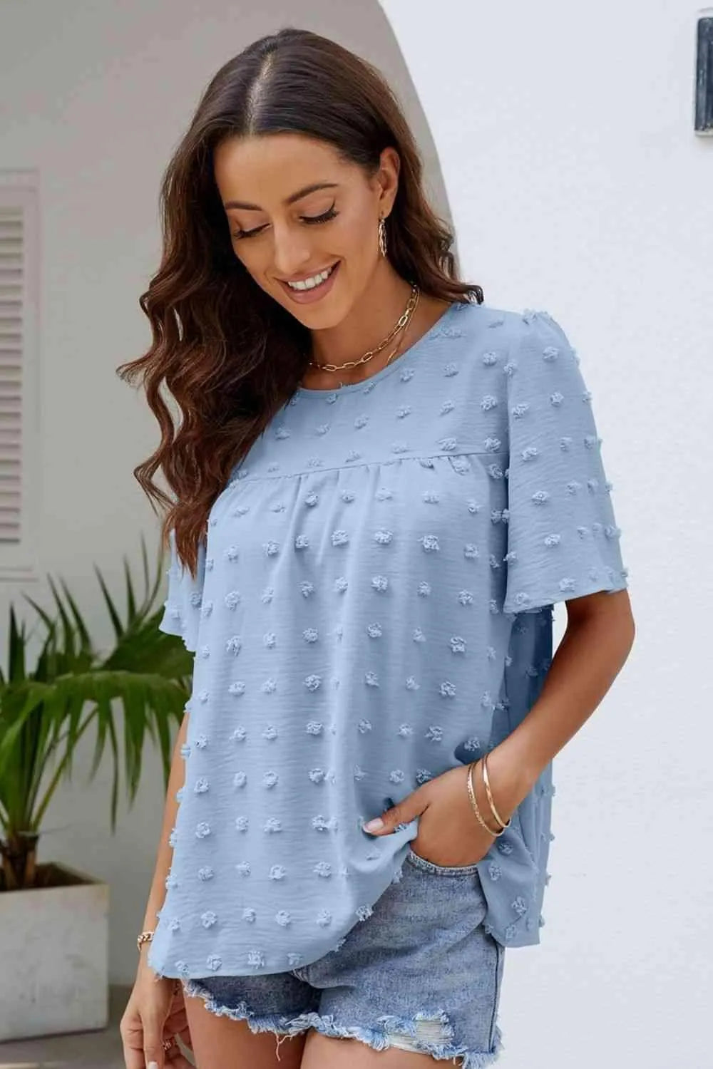 Swiss Dot Puff Sleeve Round Neck Blouse Blouses - Tophatter Daily Deals