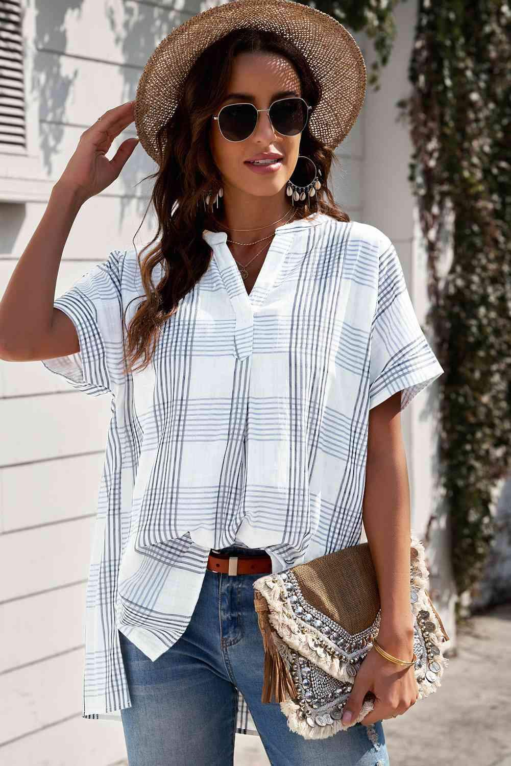 Notched Side Slit Cuffed Blouse Blouses - Tophatter Daily Deals