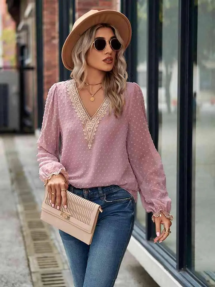 Swiss Dot V-Neck Long Sleeve Blouse Blouses - Tophatter Daily Deals