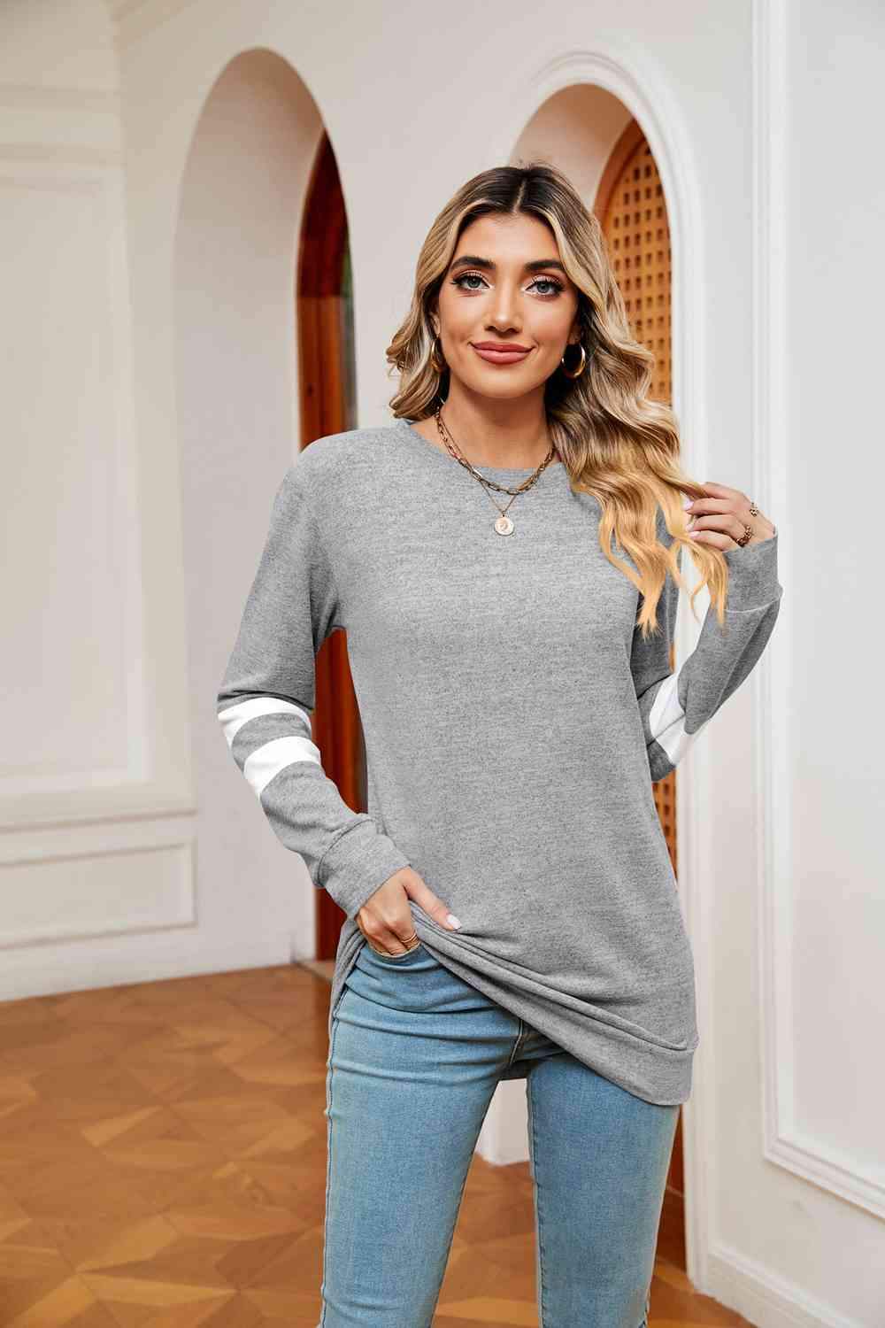 Round Neck Long Sleeve Top Light Gray Women's T-Shirts - Tophatter Daily Deals