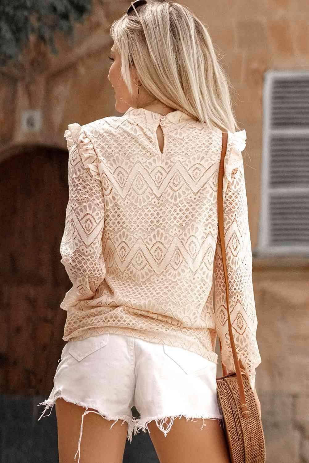 Ruffled Lace Mock Neck Blouse Blouses - Tophatter Daily Deals