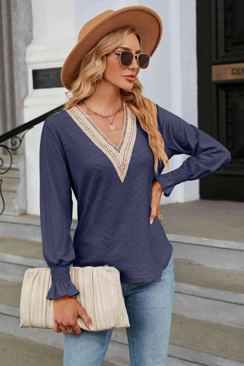 V-Neck Flounce Sleeve Blouse Blouses - Tophatter Daily Deals