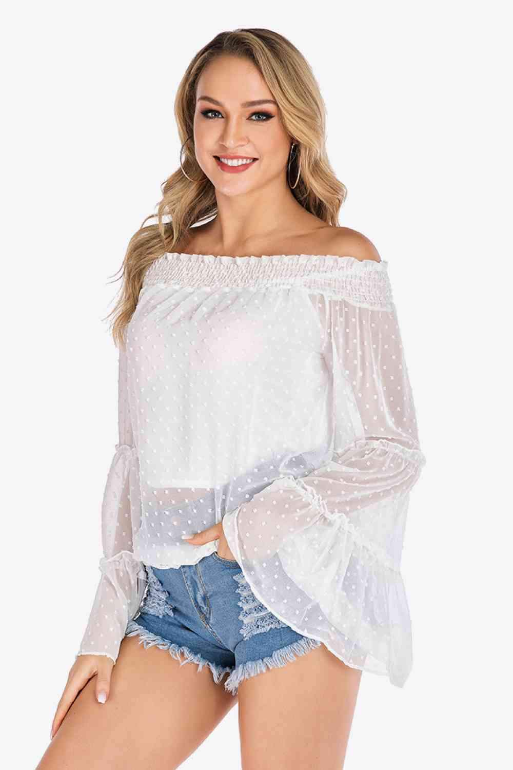 Swiss Dot Off-Shoulder Blouse Blouses - Tophatter Daily Deals