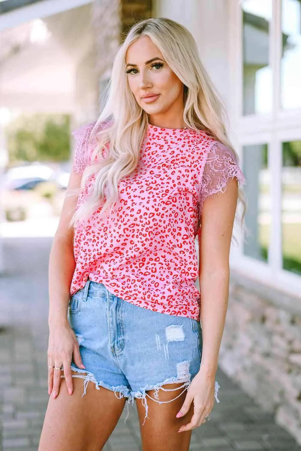 Leopard Print Lace Short Sleeve Blouse Leopard Blouses - Tophatter Daily Deals