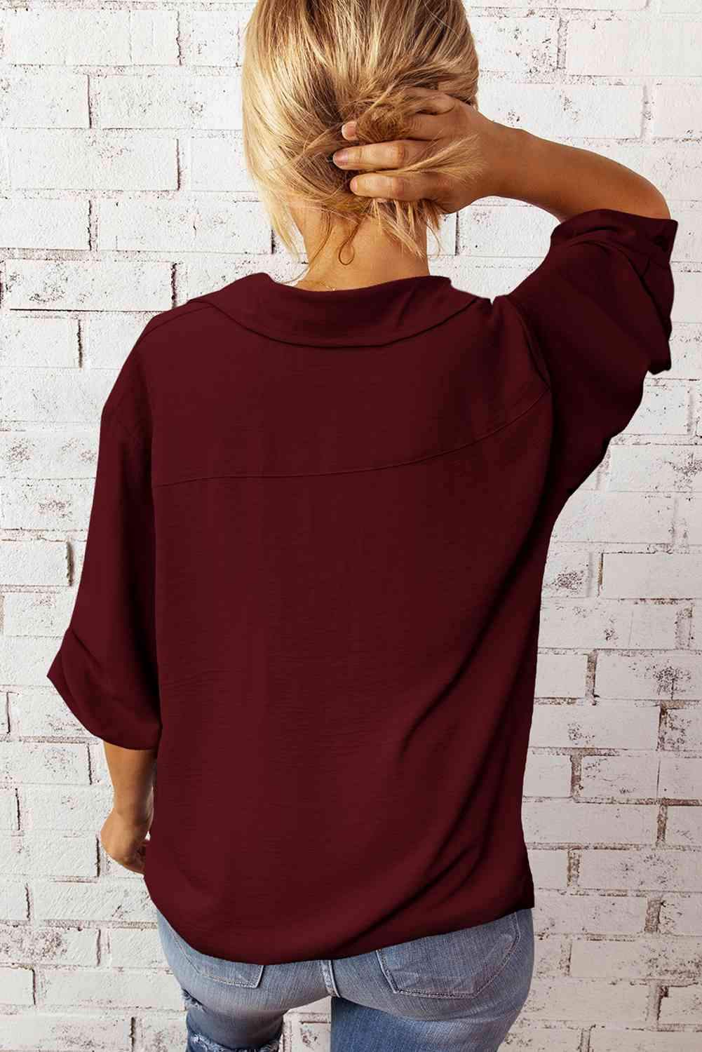 Textured Johnny Collar Three-Quarter Sleeve Blouse Blouses - Tophatter Daily Deals