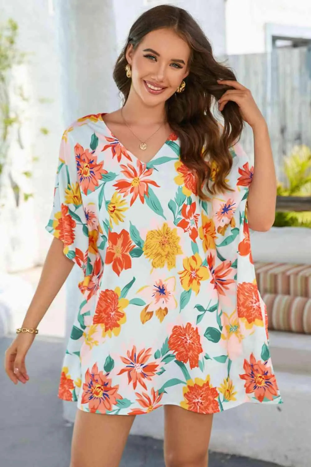 Floral V-Neck Tunic Blouse Blouses - Tophatter Daily Deals