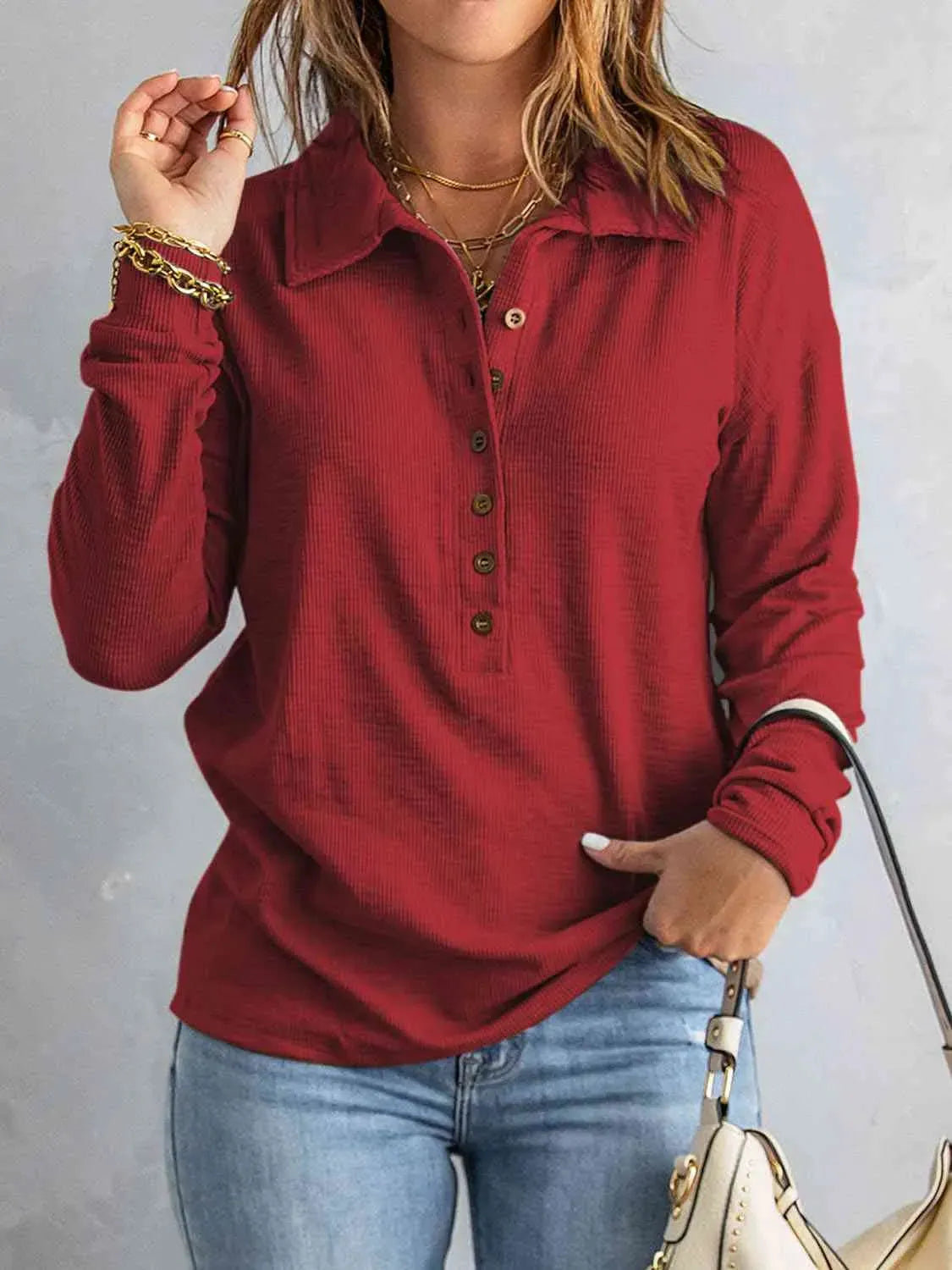 Collared Neck Half Button Top Blouses - Tophatter Daily Deals