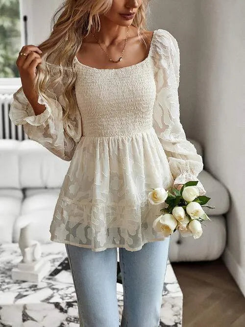 Smocked Flounce Sleeve Peplum Blouse Cream Blouses - Tophatter Daily Deals