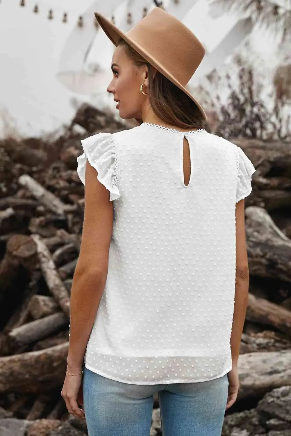 Swiss Dot Flutter Sleeve Round Neck Top Blouses - Tophatter Daily Deals