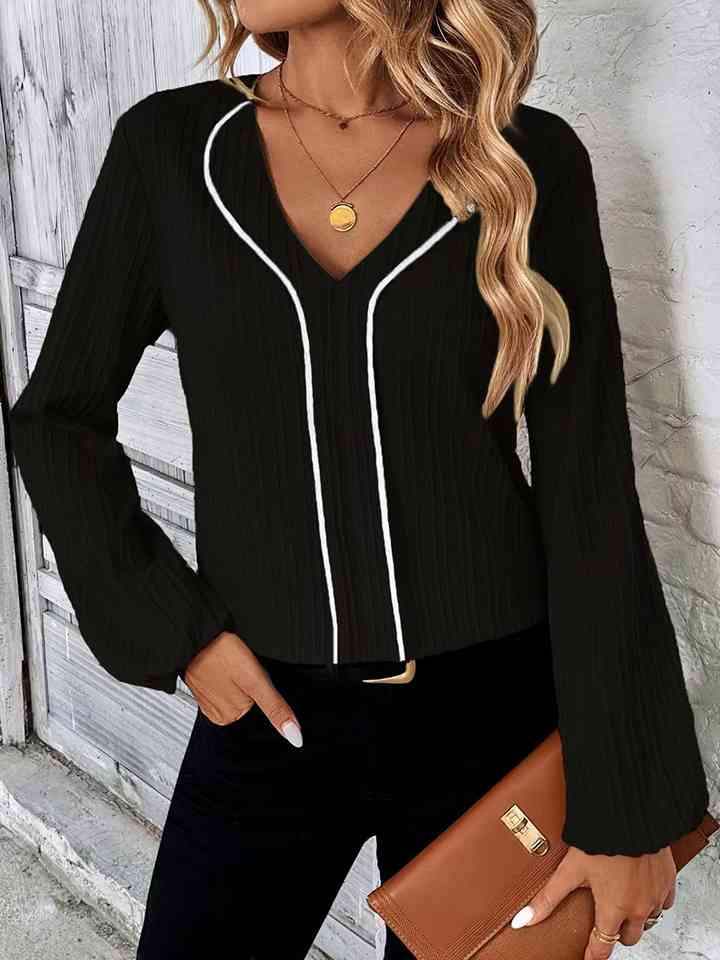 Contrast V-Neck Long Sleeve Blouse Black Blouses - Tophatter Daily Deals