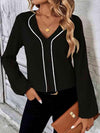 Contrast V-Neck Long Sleeve Blouse Black Blouses - Tophatter Daily Deals